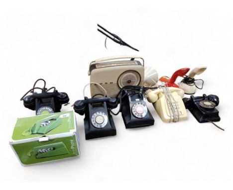 QUANTITY OF OLD TELEPHONES AND RADIOS INCLUDES 3 1940/50'S GPO BAKELITE TYPE 322 TELEPHONES.&nbsp; ONE RARE GPO BAKELITE WALL