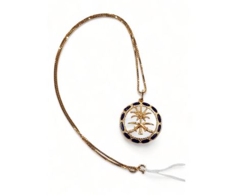 18 CARAT GOLD &amp; ENAMEL PENDANT ON 18 CARAT GOLD CHAIN 13.75 GRAMS