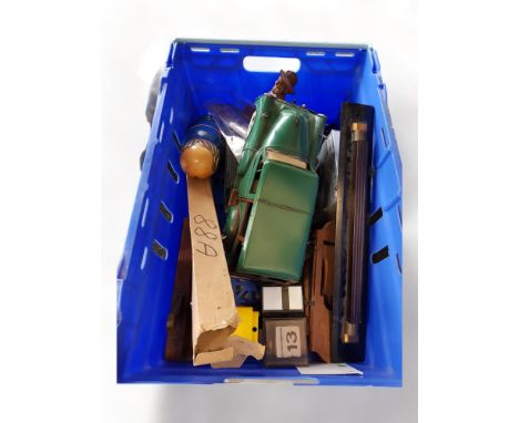 GOOD BOX LOT TO INCLUDE CHESS MEN, TOOLS, MODEL CAR AND MOTORBIKE, PUB ITEMS ETC 