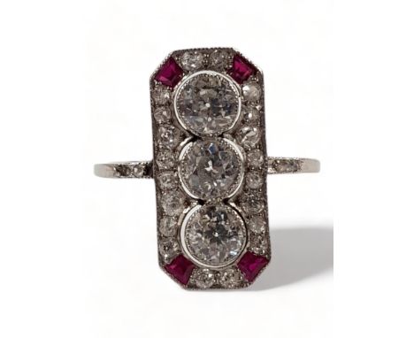 PLATINUM RECTANGULAR RUBY AND DIAMOND COCKTAIL RING - 3 ROSE CUT DIAMONDS SET IN THE CENTRE - DIAMOND WEIGHT 1 CARAT - SURROU