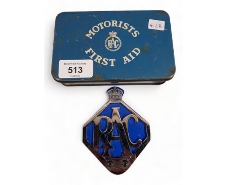 VINTAGE RAC CAR GRILL BADGE AND FIRST AID TIN 