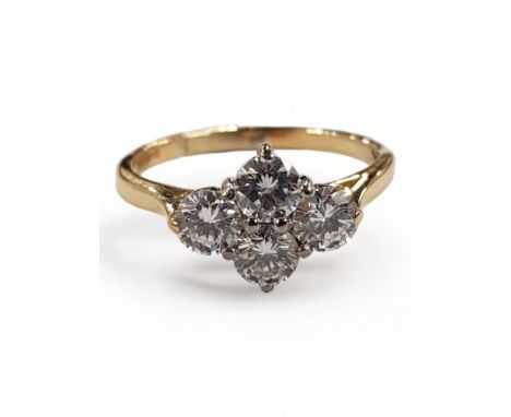 18 CARAT YELLOW GOLD AND DIAMOND 4 STONE RING - 1 CARAT OF DIAMONDS, COLOUR G, VS1