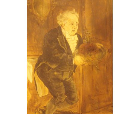 J K Hulme oil on board of butler spilling the pudding as a dog runs through his legs 28/21