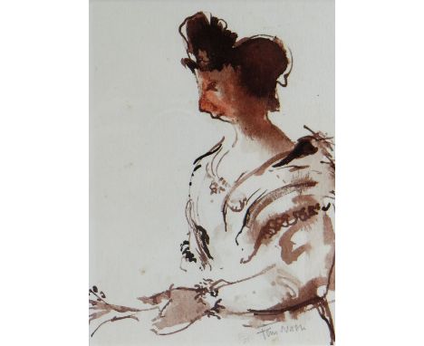 TOM NASH watercolour - three quarter portrait of a lady in Arles, France, signed, 18 x 13cms Provenance: directly from the ar