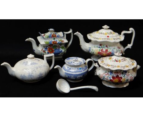 FOUR ANTIQUE WELSH POTTERY TEAPOTS, blue and white transfer, coloured transfer and hand decorated together with tureen and la