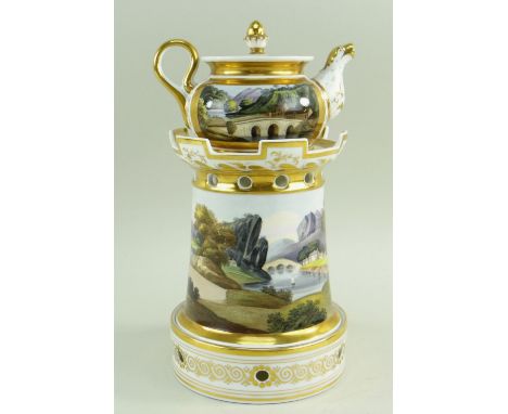 A WELSH LANDSCAPE ENGLISH PORCELAIN VEILLEUSE (tea-pot and warming stand) comprising miniature teapot over a tapered castle t