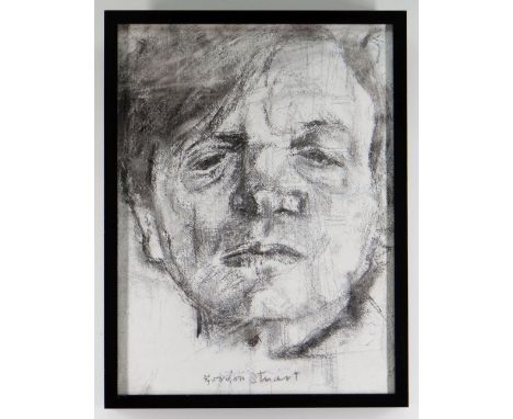 GORDON STUART monochrome mixed media on canvas - head portrait, signed, 39 x 29cms NB: Located for viewing / collection at Ca