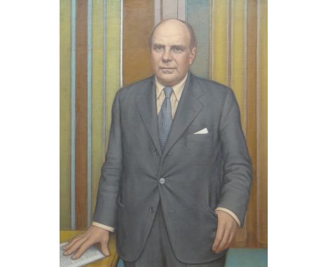 ALFRED JANES oil on board - standing portrait of Iain Macleod, titled on 1974 Welsh Arts Council label verso, with ownership 