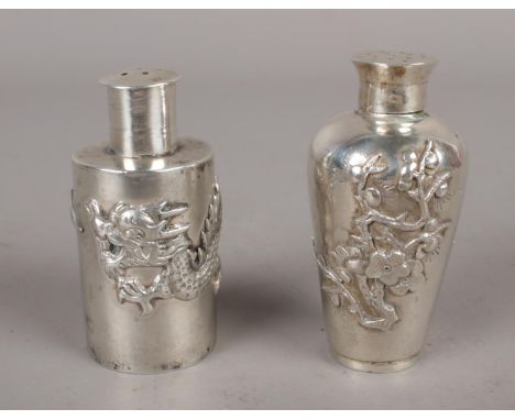 Two Chinese silver pepperettes, one decorated with a dragon and the other with prunus blossoms. Marked WH90 &amp; WA.  Good c