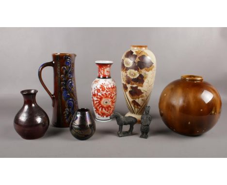 A selection of mostly ceramics to include, an oriental style vase, two figures of a warrior and horse based on the terracotta
