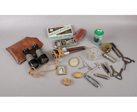 A group of collectables, Rolls razor (boxed), 1930's skipping rope, National Defence Binocular No 133904 in case, The Queen's