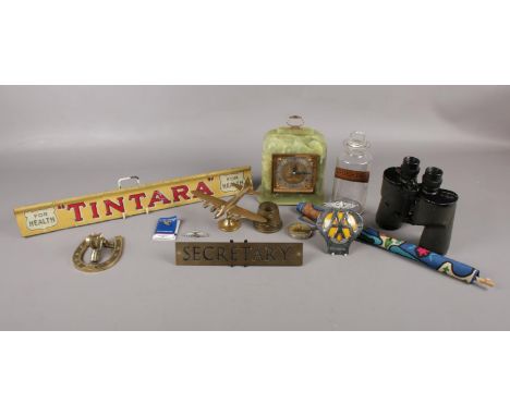A small collection of miscellaneous collectables comprising of, an 'Elliott' green onyx mantel clock, a pair of Deluxe Binocu