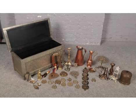 A selection of brass and copperware together with a pierced metal covered wooden trunk - (78 x 34.5 x 35 cm) comprising of, a