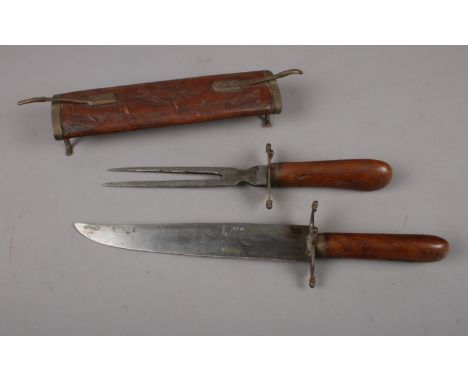 A Indian Knife and Fork Set, in a decoratively carved  hardwood casing.  