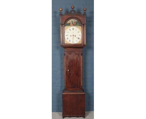 A Victorian mahogany 8 day longcase clock, with painted dial with pendulum and two weights. (Dial size 46cm x 33cm).  Crack t