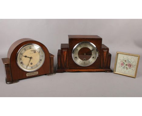 Three clocks comprising of a stepped Oak cased Art Deco mantel clock by the Norland Clock Company Ltd, with pendulum and key,