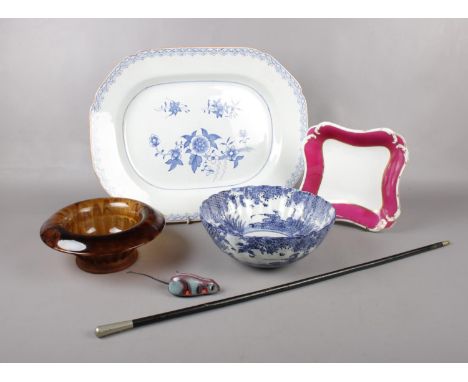 A collection of mainly ceramics, Rockingham Square dish, Brameld meat plate, oriental blue &amp; white bowl, Glass bowl, 'Chu