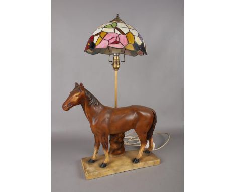 A retro chalk table lamp in the form of a horse together with a Tiffany style lamp shade. Total height including the shade - 