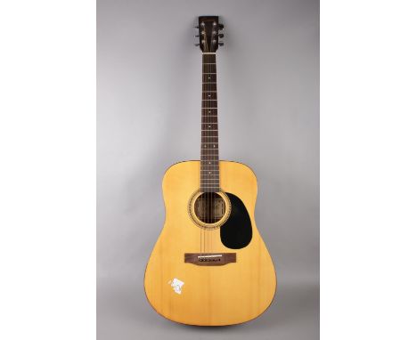 Acoustic Guitar by Encore Model No. W255 together with soft carry case.  Please note that one string is missing.