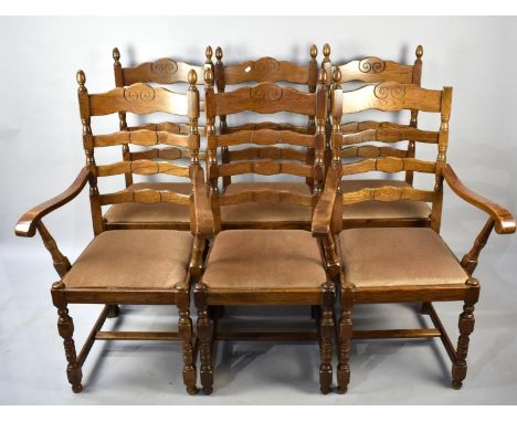 A Set of Six Modern Oak Ladder Back Dining Chairs to include Two Carvers 