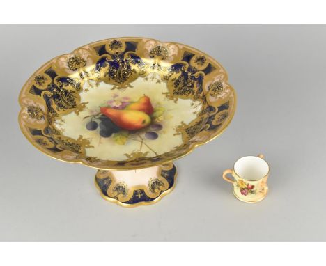 A Royal Worcester Tazza, Hand Painted with Still Life Fruit, Pears and Grapes Cartouche with Blue Inset and Gilt Detailing (C