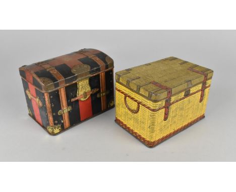 Two Vintage Tins in the Form of a Wicker Hamper and a Dome Topped Travelling Trunk with Railway Label, 12cms Wide