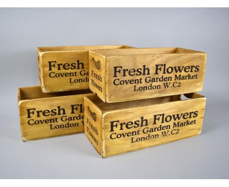 A Set of Four Metal Lined Planter Boxes Inscribed "Fresh Flowers, Covent Garden", 28cms Wide 