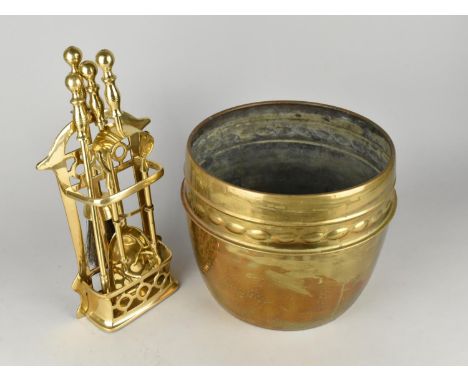 A Small Brass Fireside Companion Set and a Brass Planter/Coal Bucket, 25cms Diameter 