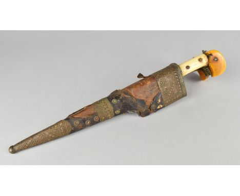 A Bone Handled Dagger with Jewelled Rattle to Pommel together with its Triangular Brass Mounted Wooden Scabbard 