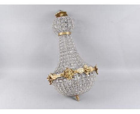 A Reproduction French Style Ormolu and Faux Crystal Ceiling Chandelier, 63cms High Top Requires Slight Attention 