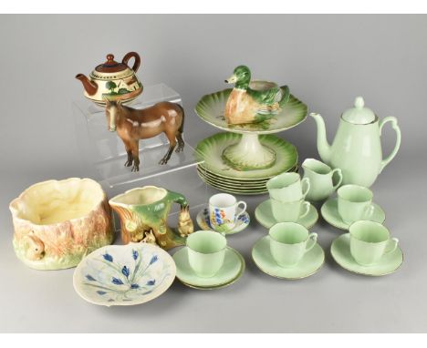 A Collection of Various Ceramics to Comprise Green Glazed Coffee Set Sylvac Tree Trunk Planter, Fruit Set, Studio Pottery Dis
