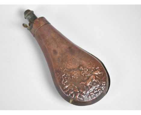 A 19th Century Copper Shot Flask Decorated in Relief, Condition Issues and Split to Seam, 20cms High 