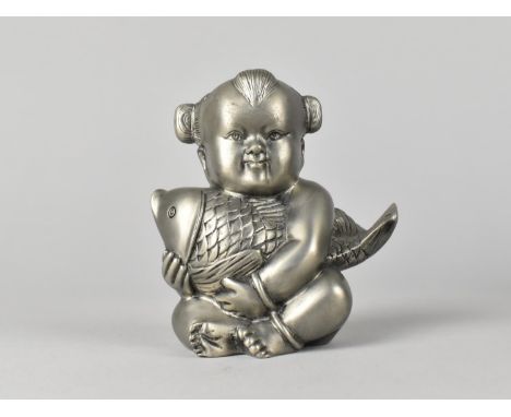 A Reproduction Heavy Chinese Novelty Paperweight in the Form of Seated Young Child Holding Carp, Seal Mark to Base, 10cms Hig