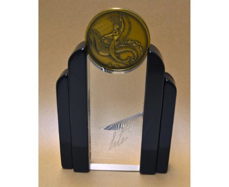 ErteÂ&nbsp;Two Sided Bronze Round Medallion entitled "Seahorse" accompanied by aa Clear and Black Art Deco Lucite Stand. Soli