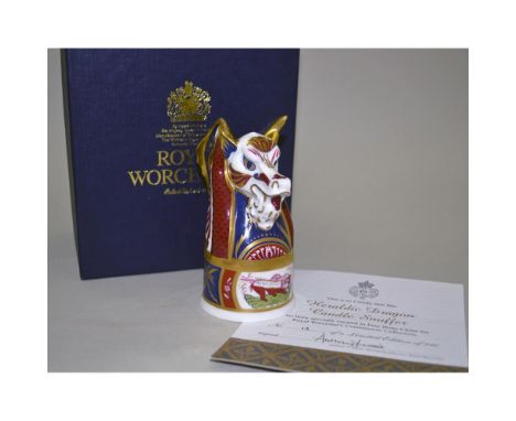 English Fine Bone China, Glazed Decorated. Hand created, hand painted, featuring The Heraldic Dragon Candle Snuffer. A Limite