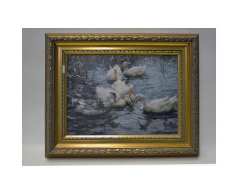 Original Oil Painting on Board, Featuring several Swans in Motion on the Lake. Gold Ornate Frame. Frame: 14.50"W x 11.50"H. I