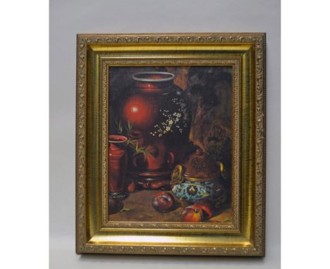 Original Oil Painting on Board, Featuring a traditional Still Life depicting Pottery and Apples. Beautiful coloration, detail