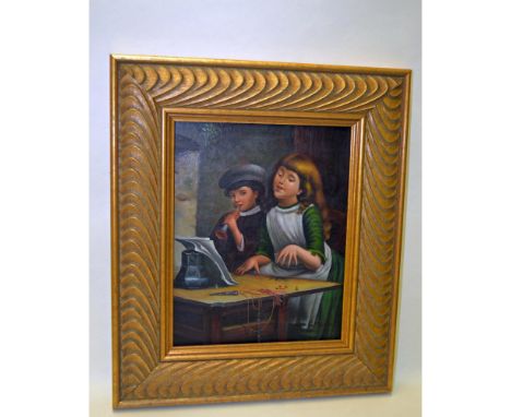 Original Oil Painting on Board by C. Masson. Featuring a Young Boy and Young Girl Playing. Gold Ornate Frame. Artist Signatur