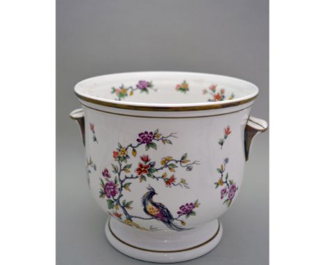 Glazed Fine Porcelain Decorated, Ivory Background with Magenta and Rust Florals on Organic Branches with Tropical Birds. Gold