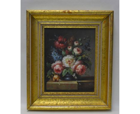 Original Oil on board featuring a beautiful arrangement of colorful Florals. Signed by O. Day, the artist. Gold Leaf Frame. F