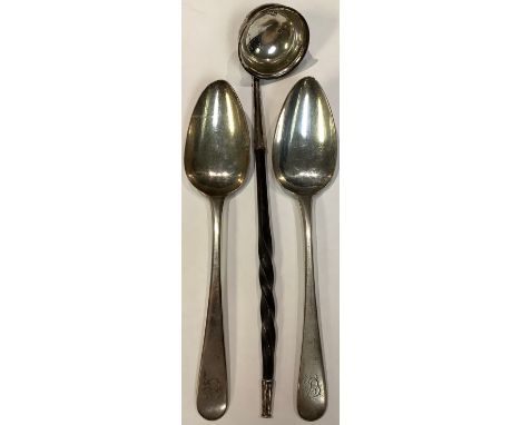 A Victorian silver toddy ladle, twisted whalebone handle, 21cm long, Sheffield 1870; a pair of George III silver dessert spoo