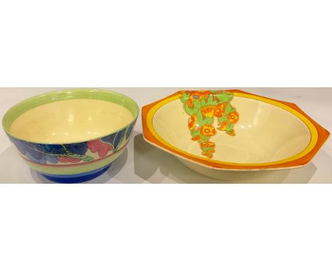 A Clarice Cliff Bizarre Autumn pattern bowl, painted with trees in shades of blue and pink, banded in blue, pink and apple gr