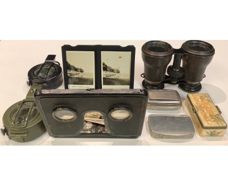 A War Department military compass by E Barker &amp; Son; another, Stanley of London; snuff boxes; a stereo viewer, etc 