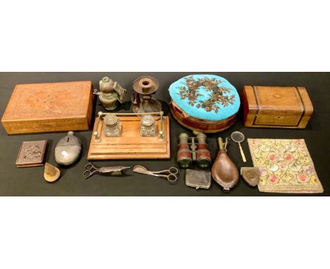 A Victorian walnut inlaid workbox; a beadwork footstool; a Daguerreotype case; binoculars; hip flask; oak desk stand; carved 