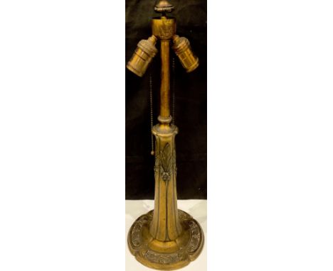 An Art Nouveau bronzed metal twin light table lamp, 54cm high 