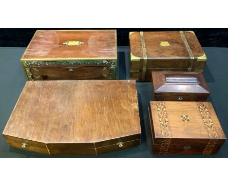 Boxes - a Victorian brass bound walnut writing box; a Regency rosewood and brass marquetry writing box; a sarcophagus tea cad