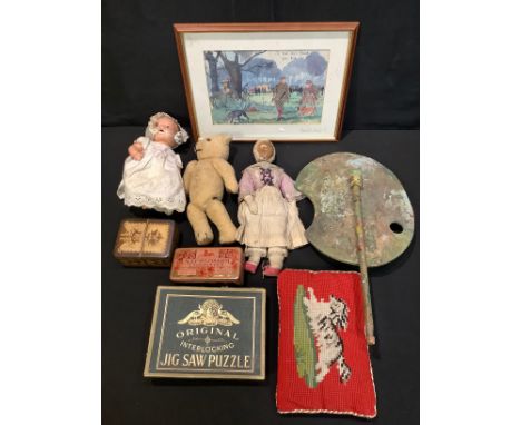 A mid Victorian wax head doll; a composition head and body Dream Baby doll; a Tunbridge ware playing card box; an artist's pa