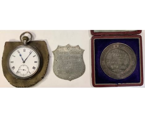 A silver open face pocket watch, enamel dial, Roman numerals, c.1930; a Workmen's and Apprentices award, awarded to W Wilkins