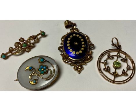 An 18ct gold turquoise and seed pearl bar brooch, 2.6g; an unmarked 9ct gold peridot and seed pearl pendant2.7g; a gold plate