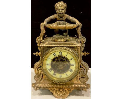 A late 19th/early 20th century French spelter figural mantel clock, the movement marked Eugene Farcot, the Baroque style case
